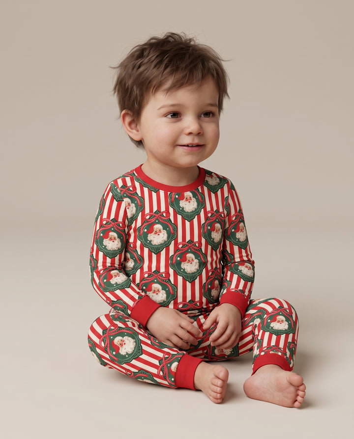 Vintage Santa Christmas Ornament Stripes Bamboo Two Piece Long Sleeve Pajama Set