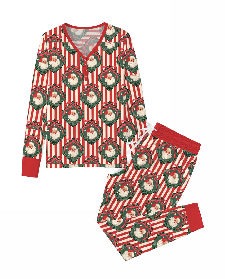 Vintage Santa Christmas Ornament Stripes Bamboo Women Pajama Set