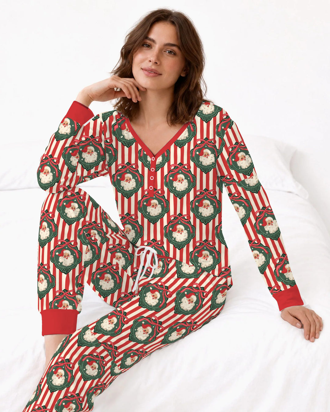 Vintage Santa Christmas Ornament Stripes Bamboo Women Pajama Set