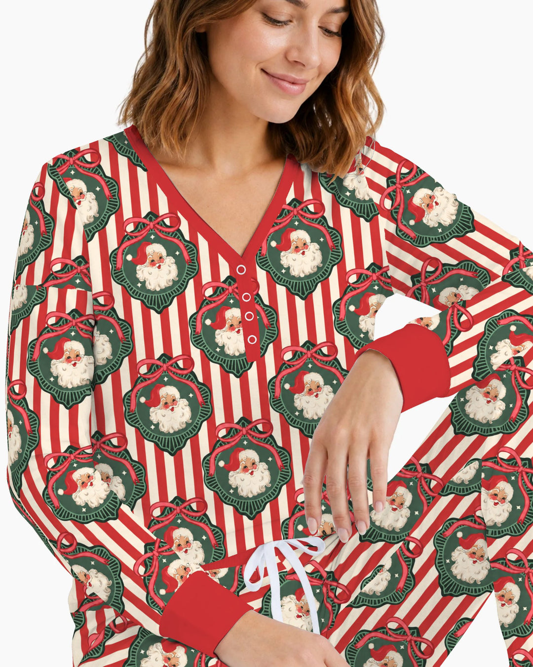 Vintage Santa Christmas Ornament Stripes Bamboo Women Pajama Set