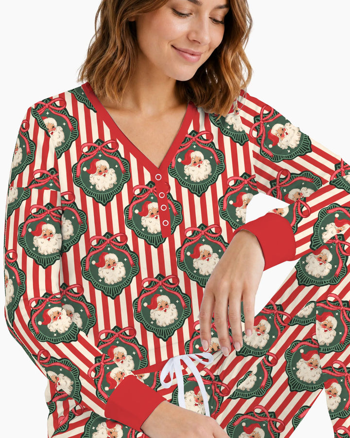 Vintage Santa Christmas Ornament Stripes Bamboo Women Pajama Set