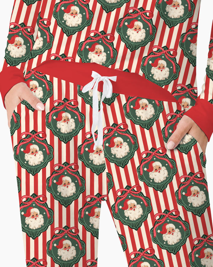 Vintage Santa Christmas Ornament Stripes Bamboo Women Pajama Set