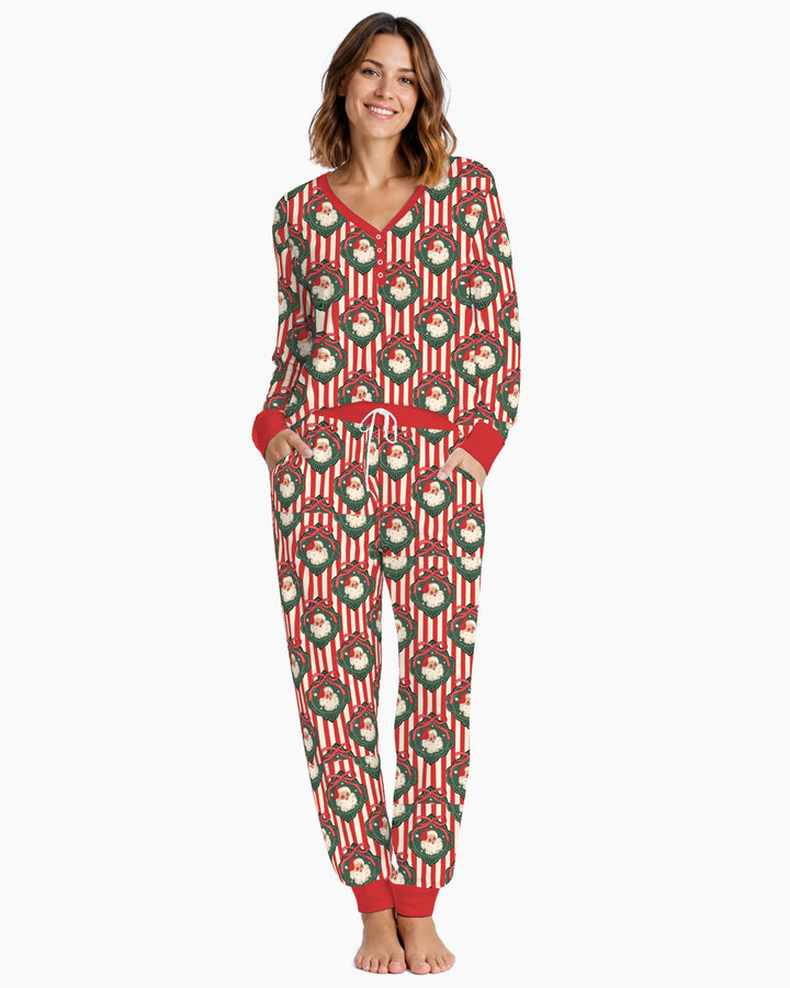 Vintage Santa Christmas Ornament Stripes Bamboo Women Pajama Set