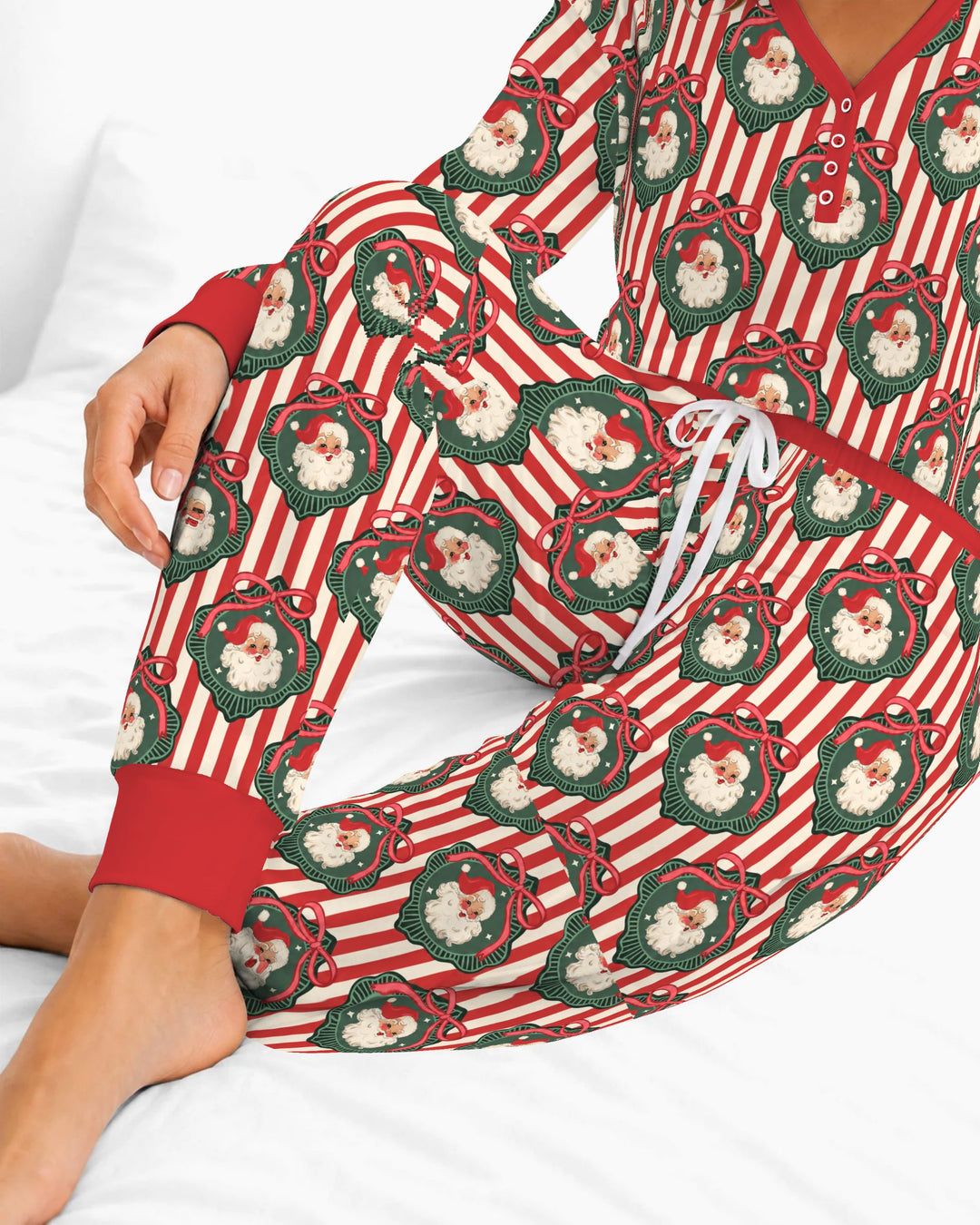 Vintage Santa Christmas Ornament Stripes Bamboo Women Pajama Set
