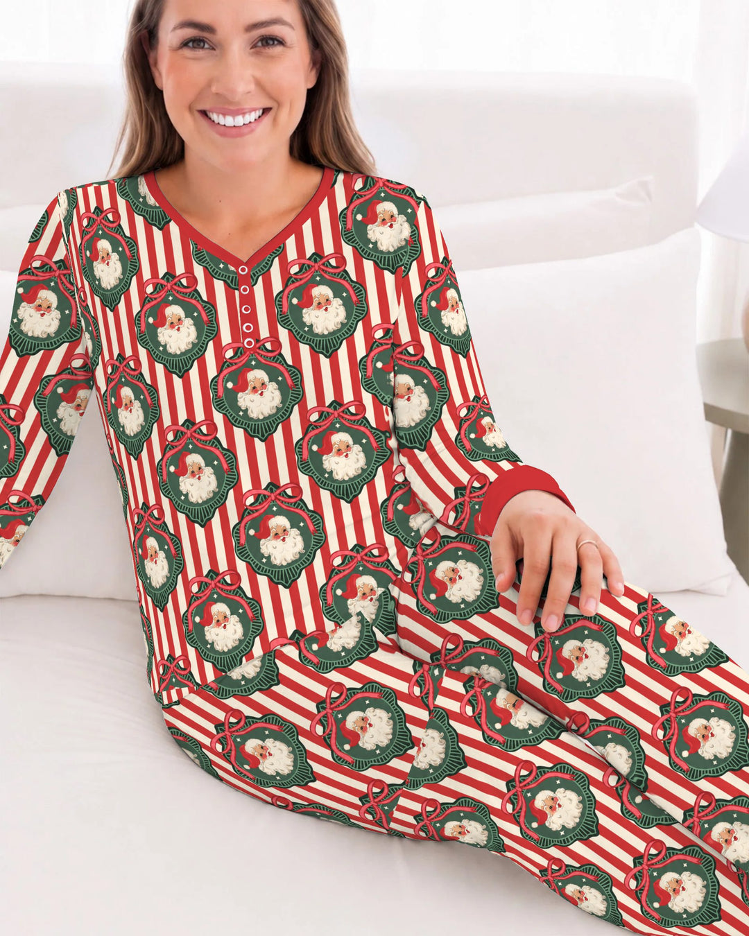 Vintage Santa Christmas Ornament Stripes Bamboo Women Pajama Set
