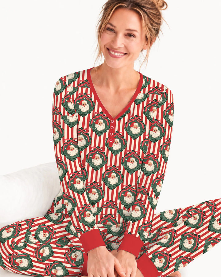 Vintage Santa Christmas Ornament Stripes Bamboo Women Pajama Set