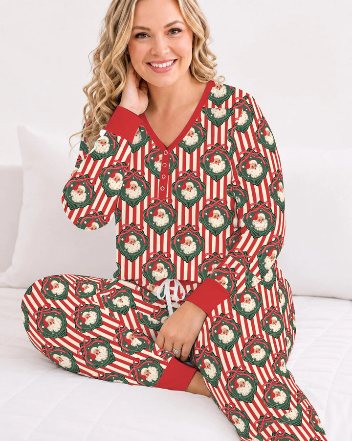 Vintage Santa Christmas Ornament Stripes Bamboo Women Pajama Set