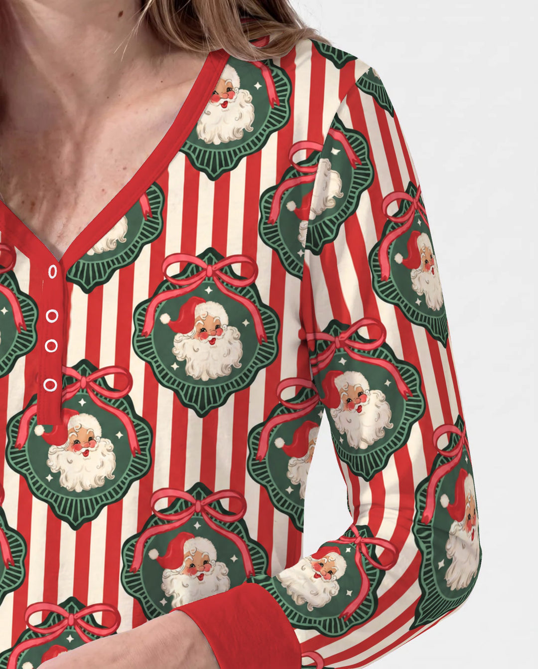 Vintage Santa Christmas Ornament Stripes Bamboo Women Pajama Set