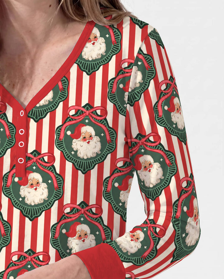 Vintage Santa Christmas Ornament Stripes Bamboo Women Pajama Set