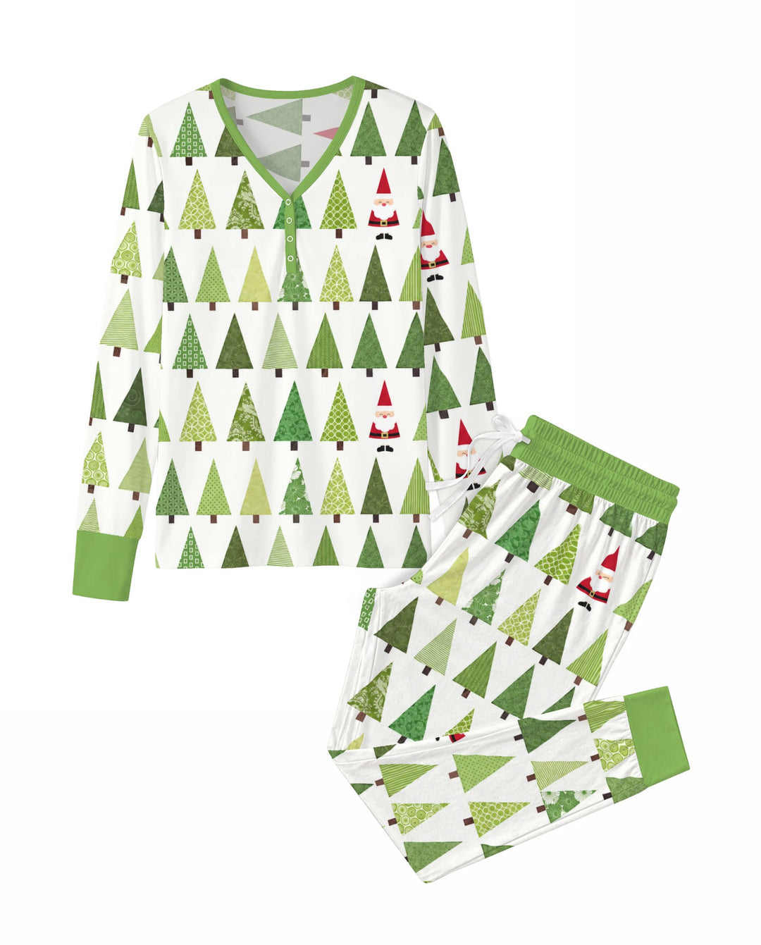 Retro Green Christmas Tree and Santa Rows Bamboo Women Pajama Set