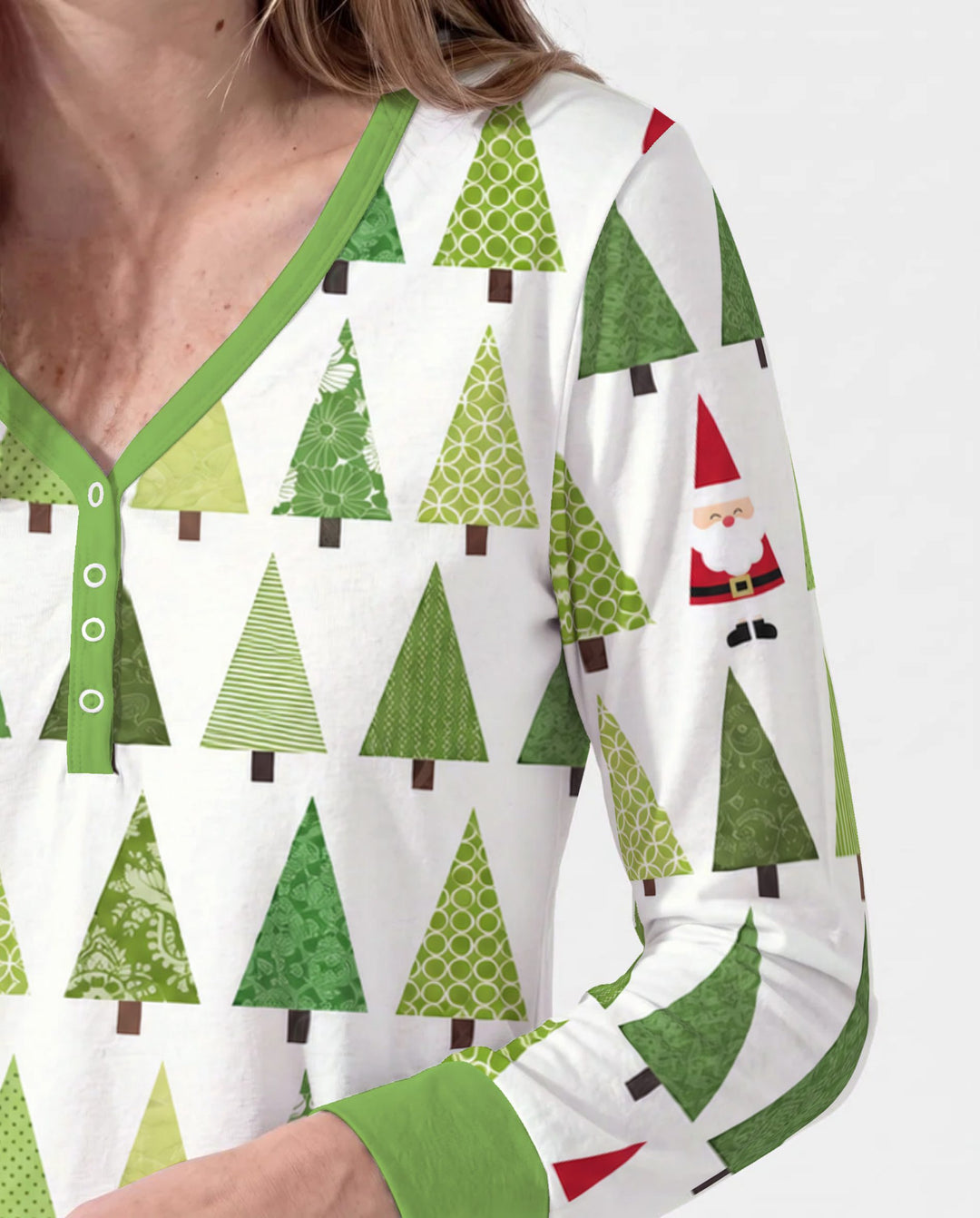 Retro Green Christmas Tree and Santa Rows Bamboo Women Pajama Set