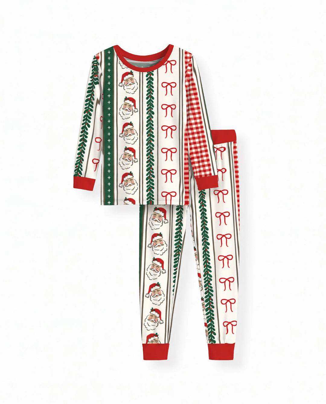 Vintage Santa Bow Gingham Christmas Stripes Bamboo Two Piece Long Sleeve Pajama Set