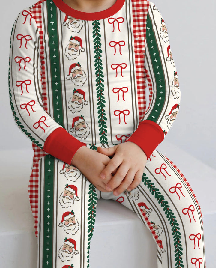 Vintage Santa Bow Gingham Christmas Stripes Bamboo Two Piece Long Sleeve Pajama Set