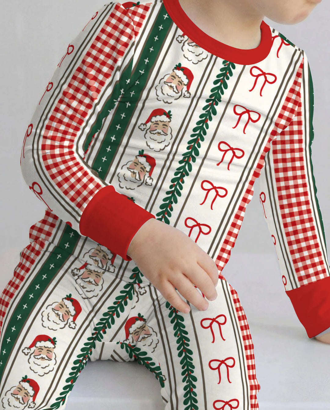 Vintage Santa Bow Gingham Christmas Stripes Bamboo Two Piece Long Sleeve Pajama Set
