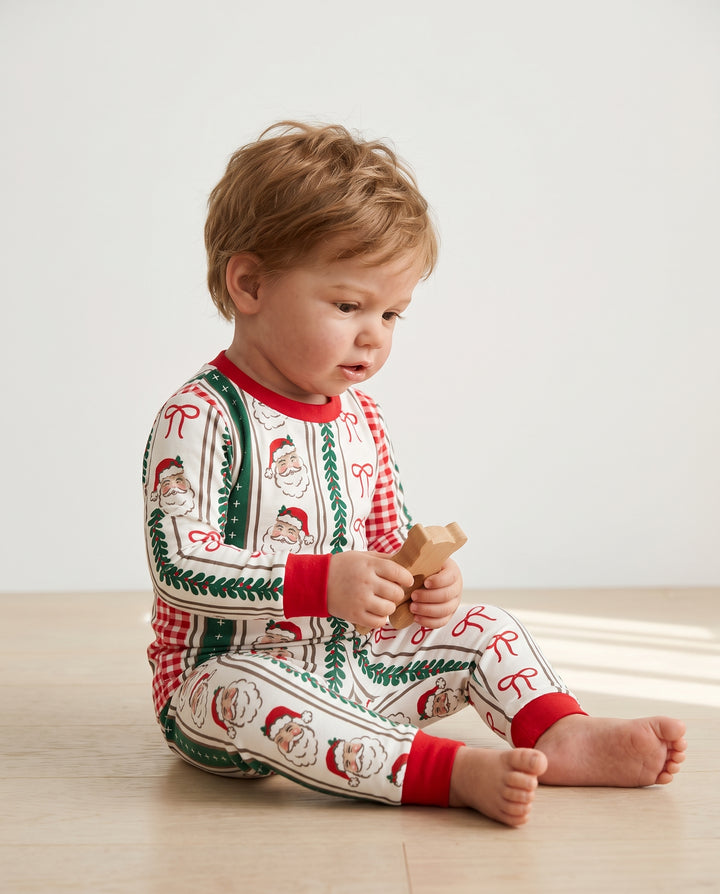 Vintage Santa Bow Gingham Christmas Stripes Bamboo Two Piece Long Sleeve Pajama Set