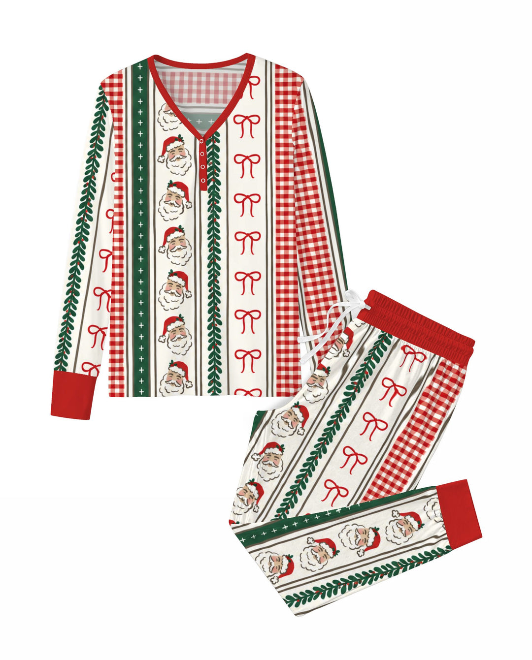 Vintage Santa Bow Gingham Christmas Stripes Bamboo Women Pajama Set