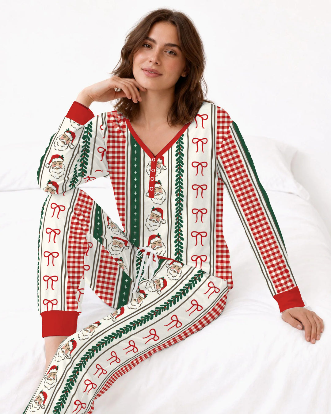 Vintage Santa Bow Gingham Christmas Stripes Bamboo Women Pajama Set