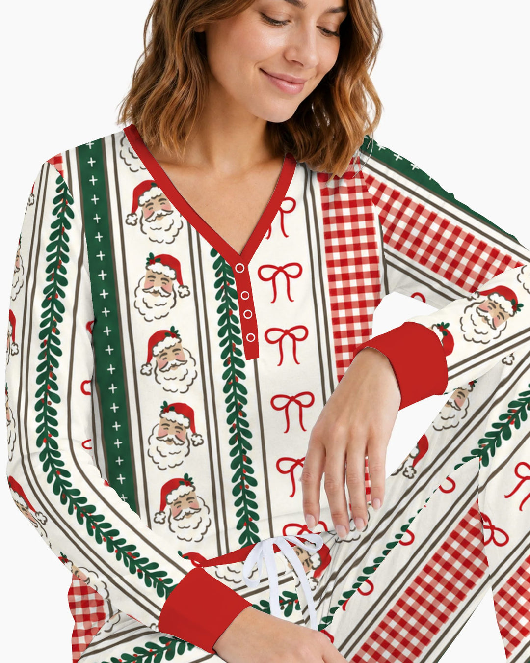 Vintage Santa Bow Gingham Christmas Stripes Bamboo Women Pajama Set