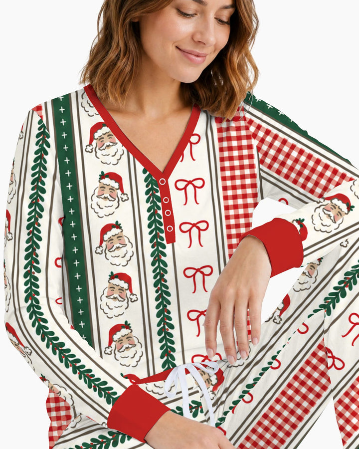 Vintage Santa Bow Gingham Christmas Stripes Bamboo Women Pajama Set