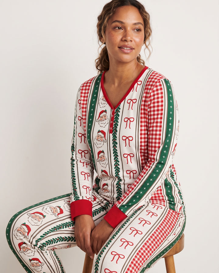 Vintage Santa Bow Gingham Christmas Stripes Bamboo Women Pajama Set