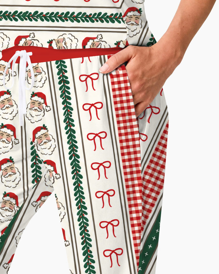 Vintage Santa Bow Gingham Christmas Stripes Bamboo Women Pajama Set