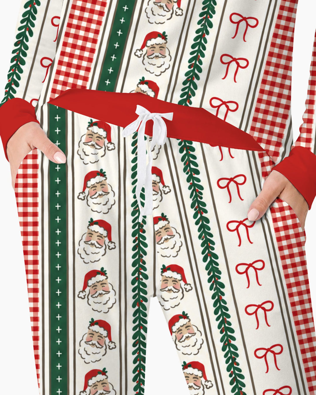 Vintage Santa Bow Gingham Christmas Stripes Bamboo Women Pajama Set