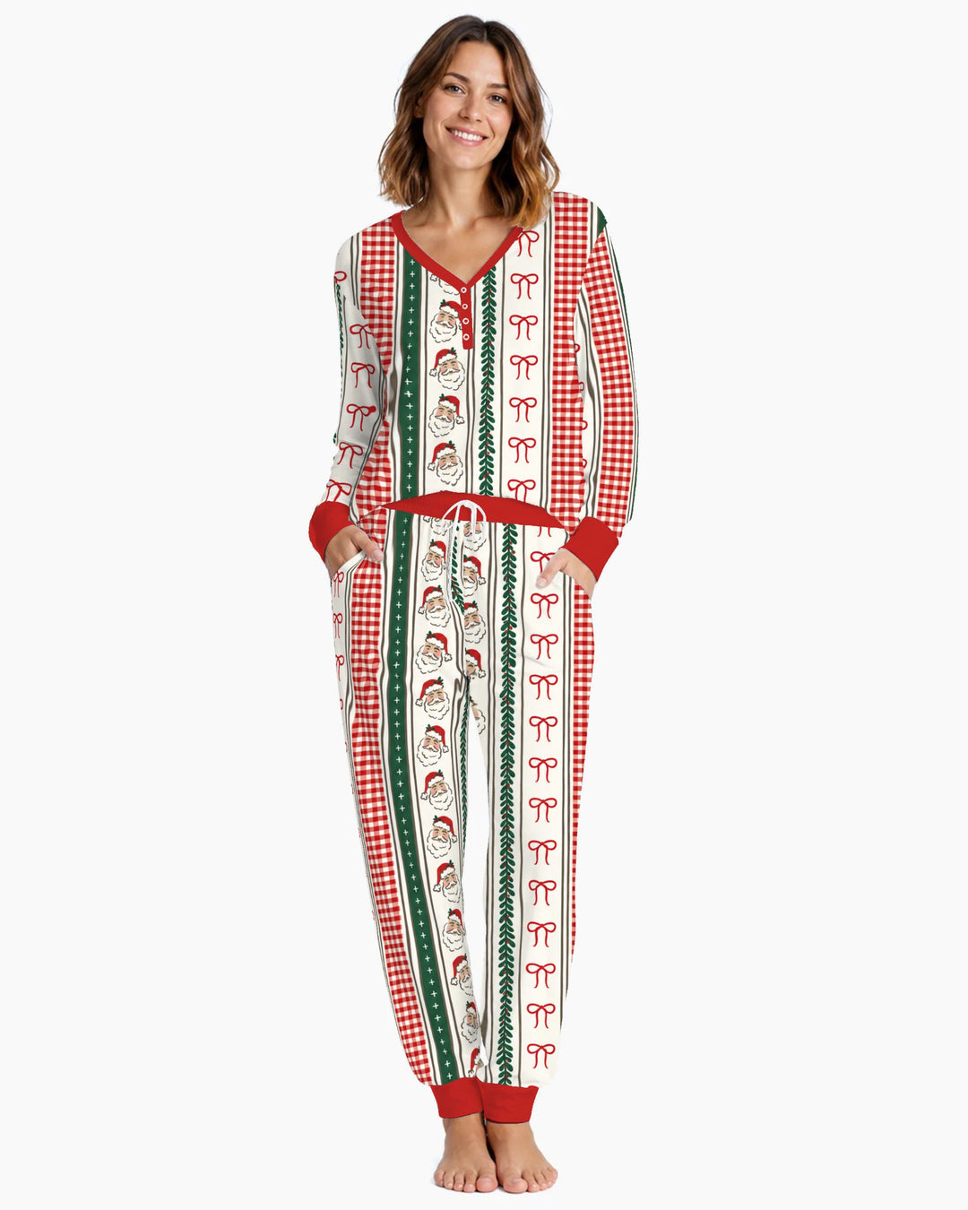 Vintage Santa Bow Gingham Christmas Stripes Bamboo Women Pajama Set