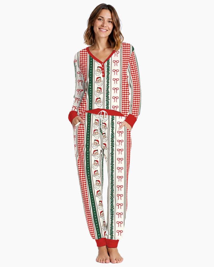 Vintage Santa Bow Gingham Christmas Stripes Bamboo Women Pajama Set
