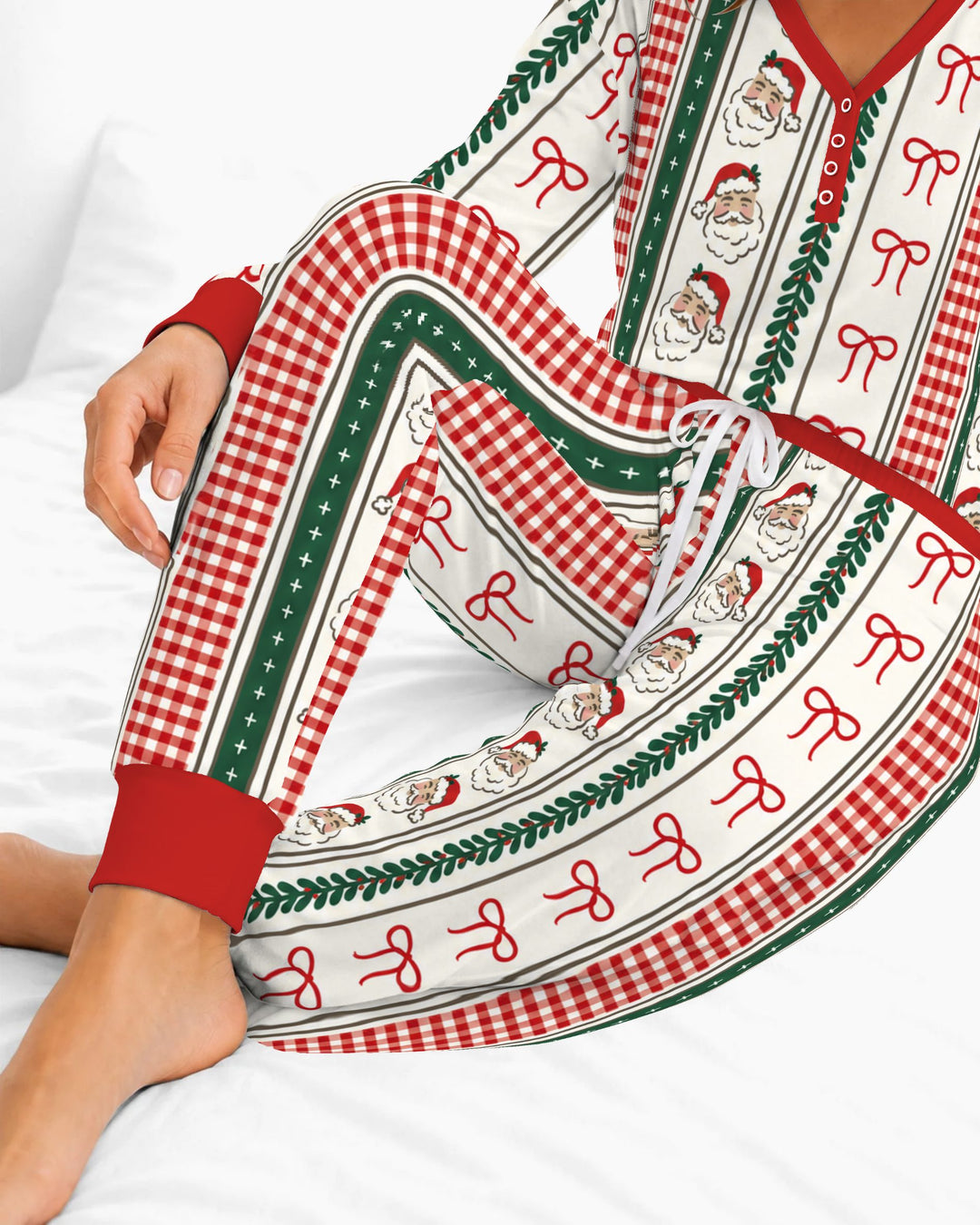 Vintage Santa Bow Gingham Christmas Stripes Bamboo Women Pajama Set