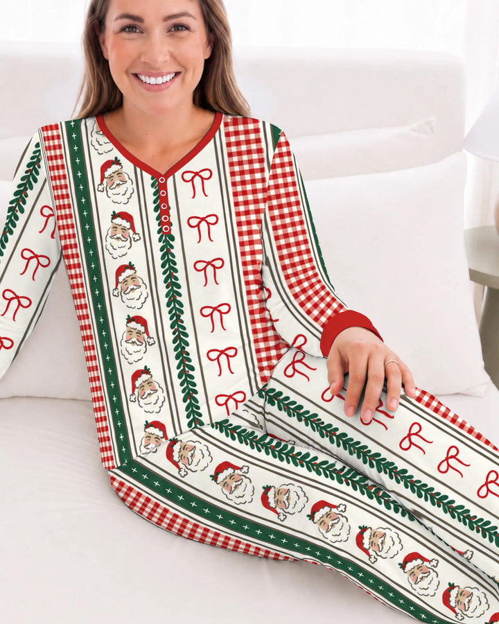 Vintage Santa Bow Gingham Christmas Stripes Bamboo Women Pajama Set