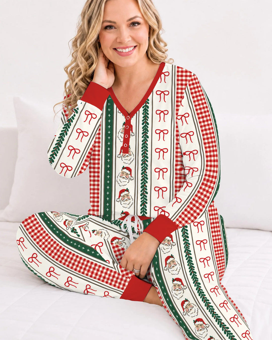 Vintage Santa Bow Gingham Christmas Stripes Bamboo Women Pajama Set