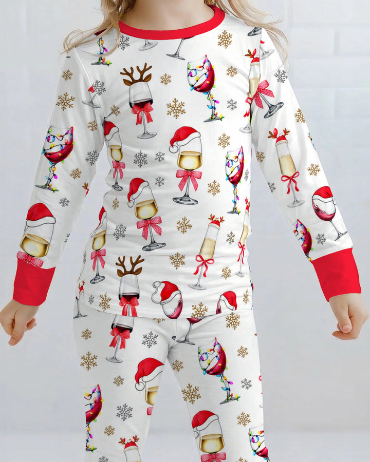 Festive Christmas Wine Glasses Bamboo Two Piece Long Sleeve Pajama Set