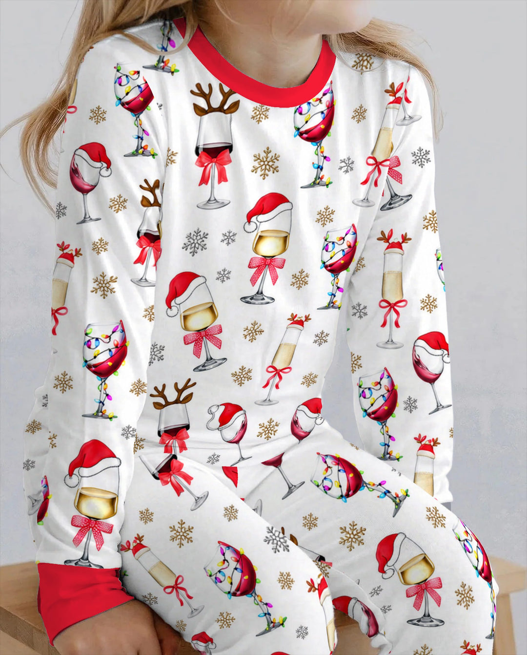Festive Christmas Wine Glasses Bamboo Two Piece Long Sleeve Pajama Set