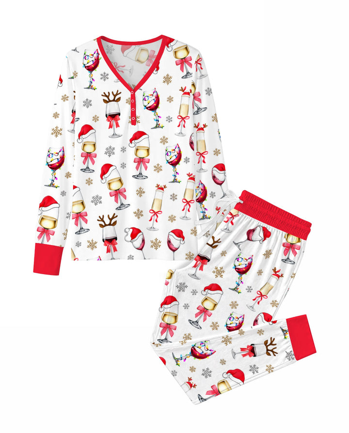 Festive Christmas Wine Glasses Bamboo Women Pajama Set