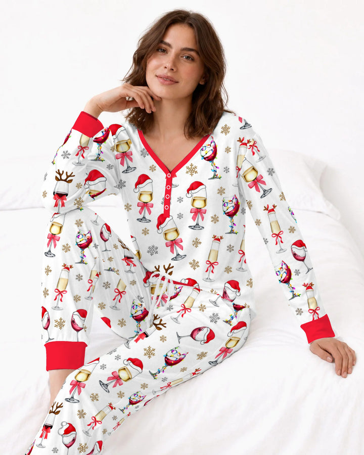 Festive Christmas Wine Glasses Bamboo Women Pajama Set