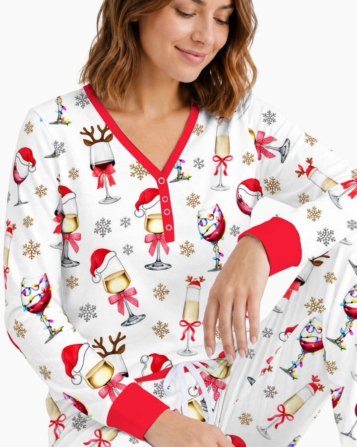 Festive Christmas Wine Glasses Bamboo Women Pajama Set