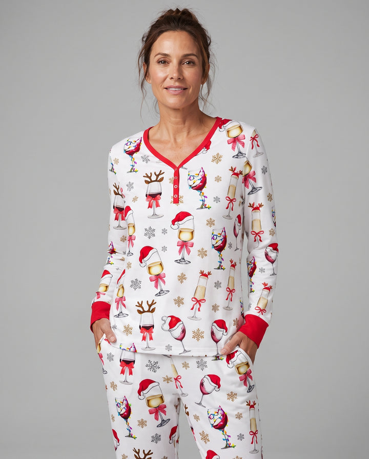 Festive Christmas Wine Glasses Bamboo Women Pajama Set