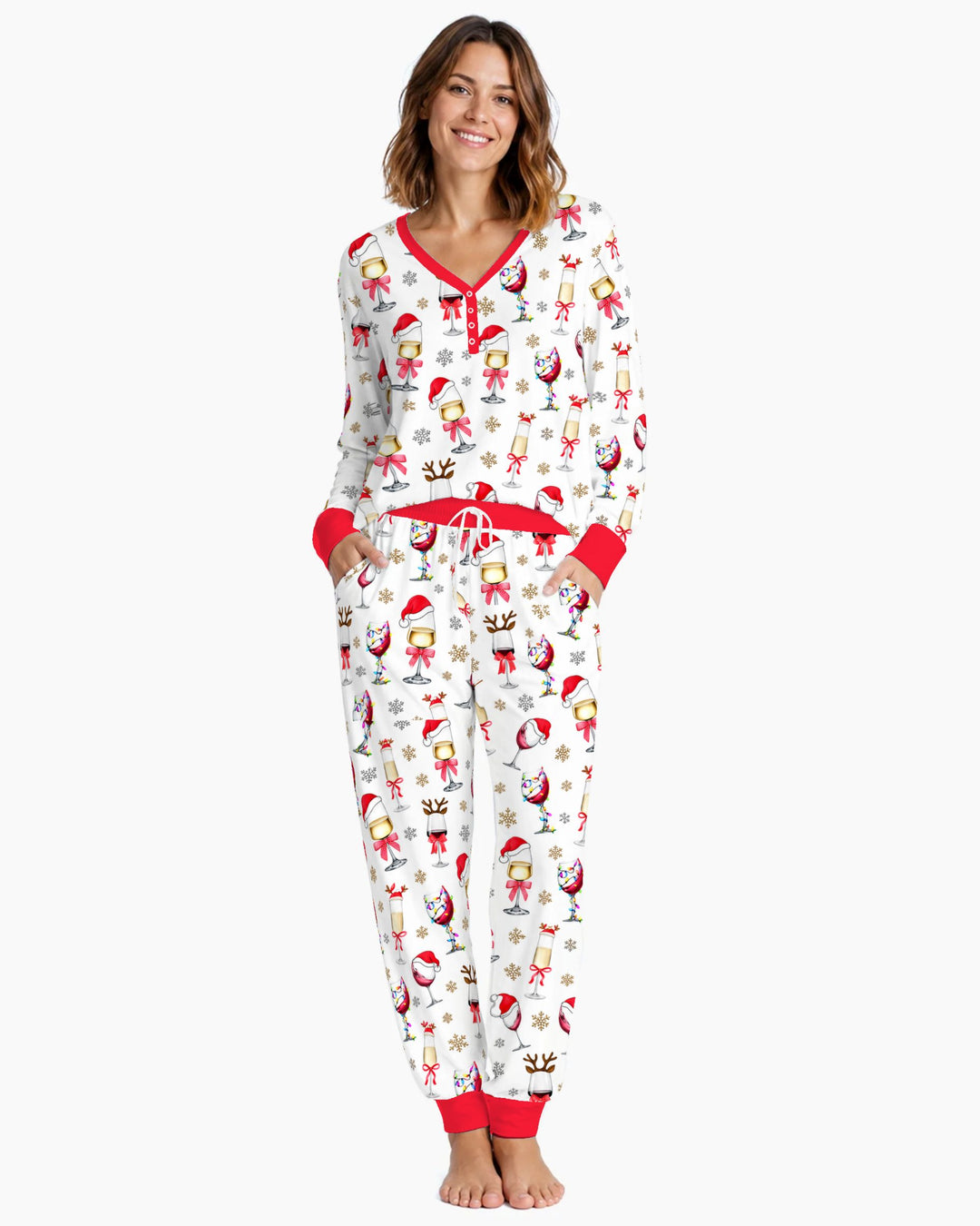 Festive Christmas Wine Glasses Bamboo Women Pajama Set