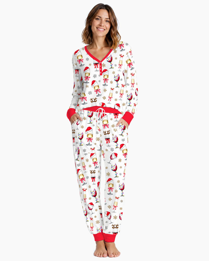 Festive Christmas Wine Glasses Bamboo Women Pajama Set