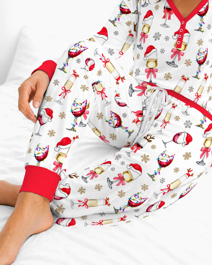Festive Christmas Wine Glasses Bamboo Women Pajama Set