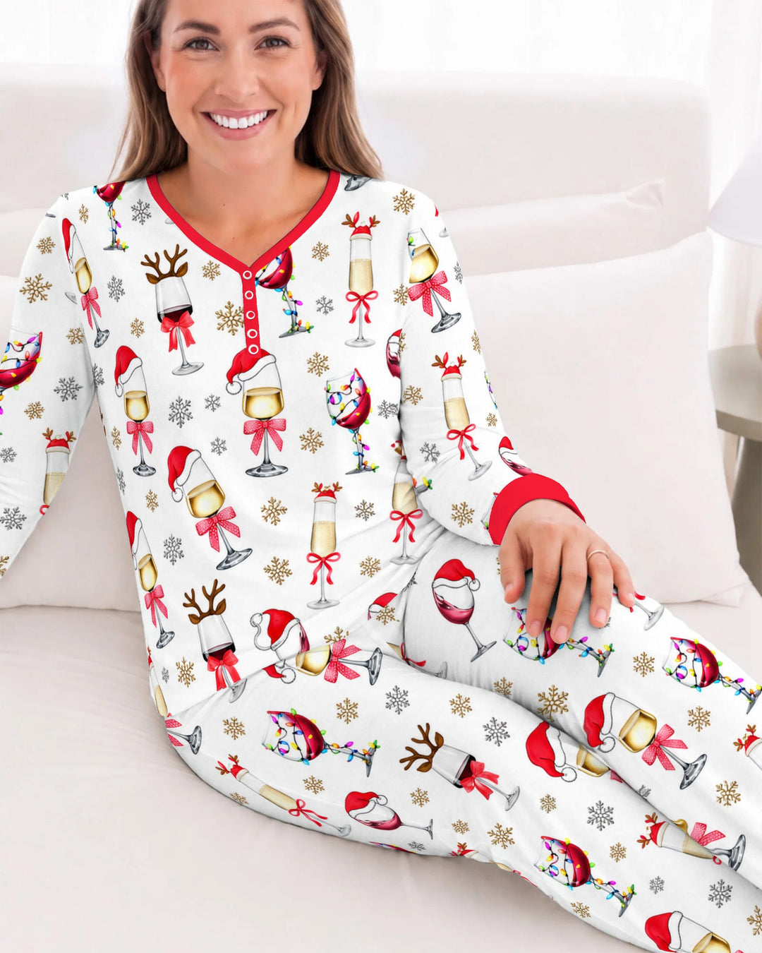 Festive Christmas Wine Glasses Bamboo Women Pajama Set
