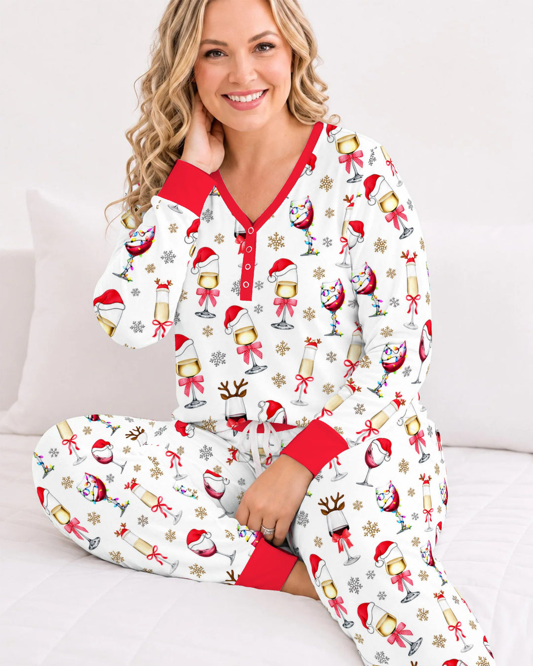 Festive Christmas Wine Glasses Bamboo Women Pajama Set