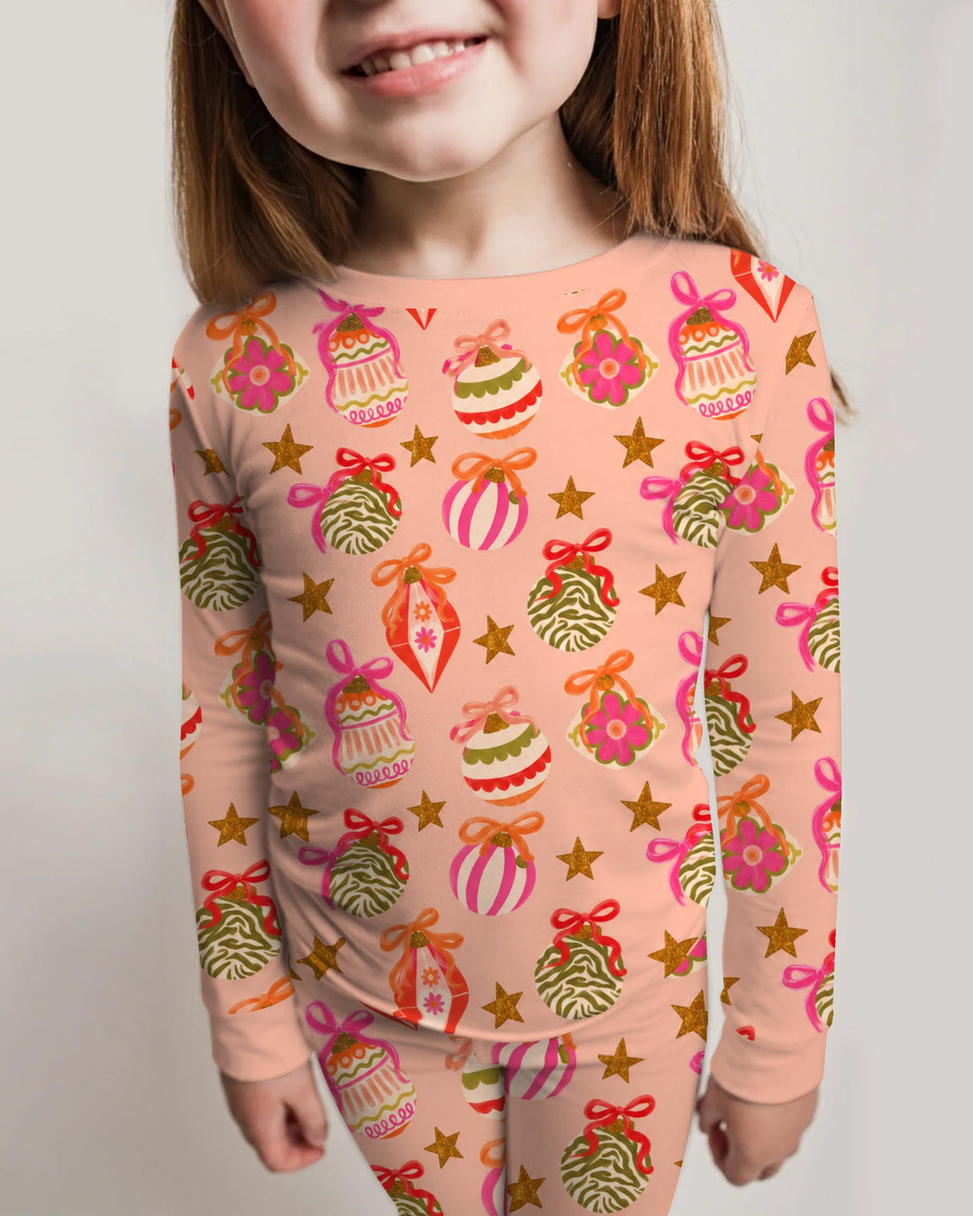 Retro Pink Christmas Ornaments Bamboo Two Piece Long Sleeve Pajama Set