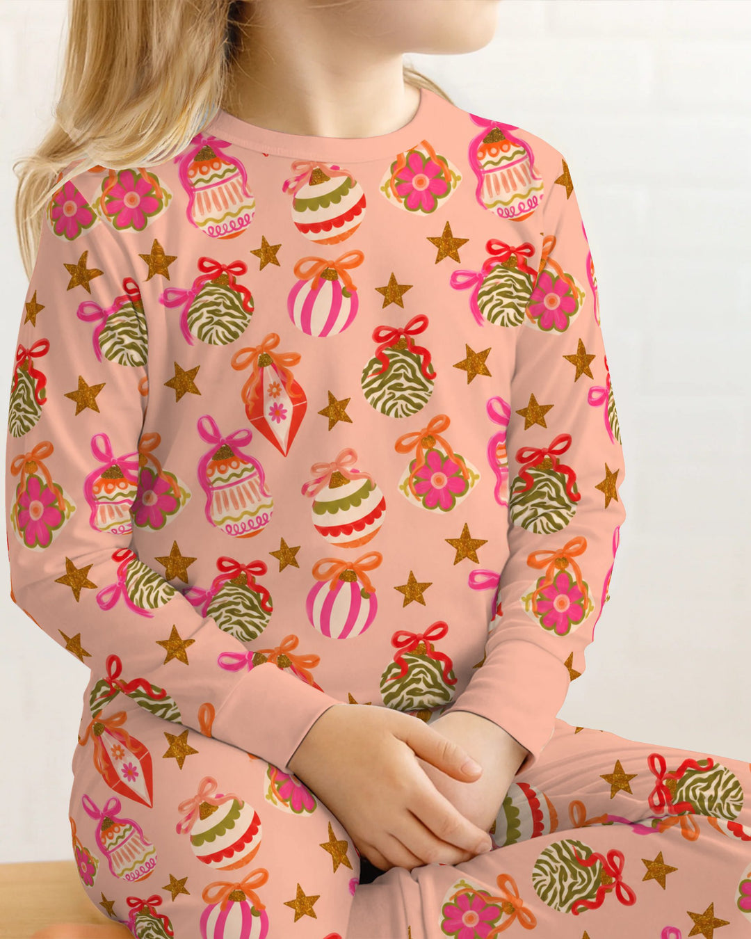 Retro Pink Christmas Ornaments Bamboo Two Piece Long Sleeve Pajama Set