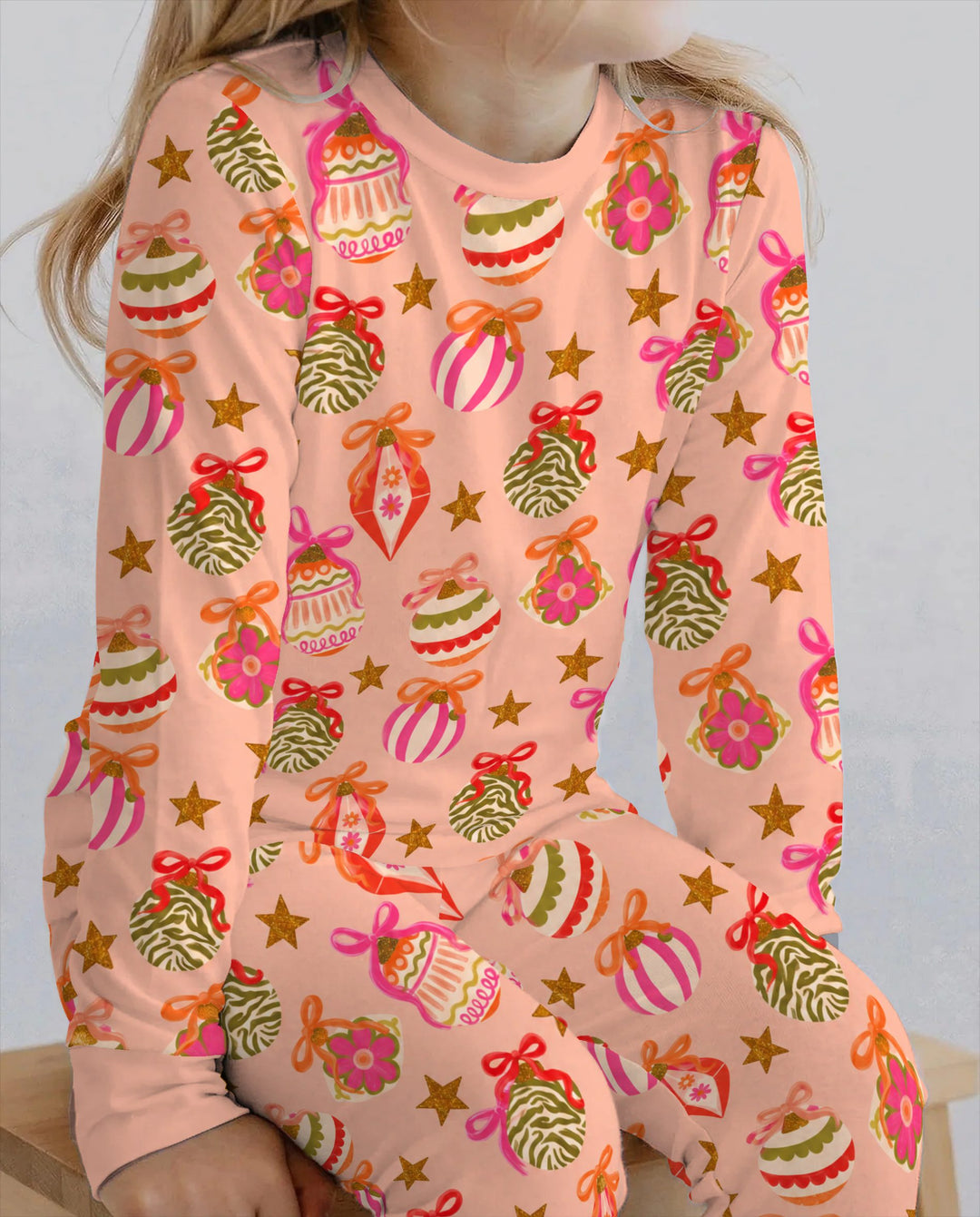 Retro Pink Christmas Ornaments Bamboo Two Piece Long Sleeve Pajama Set