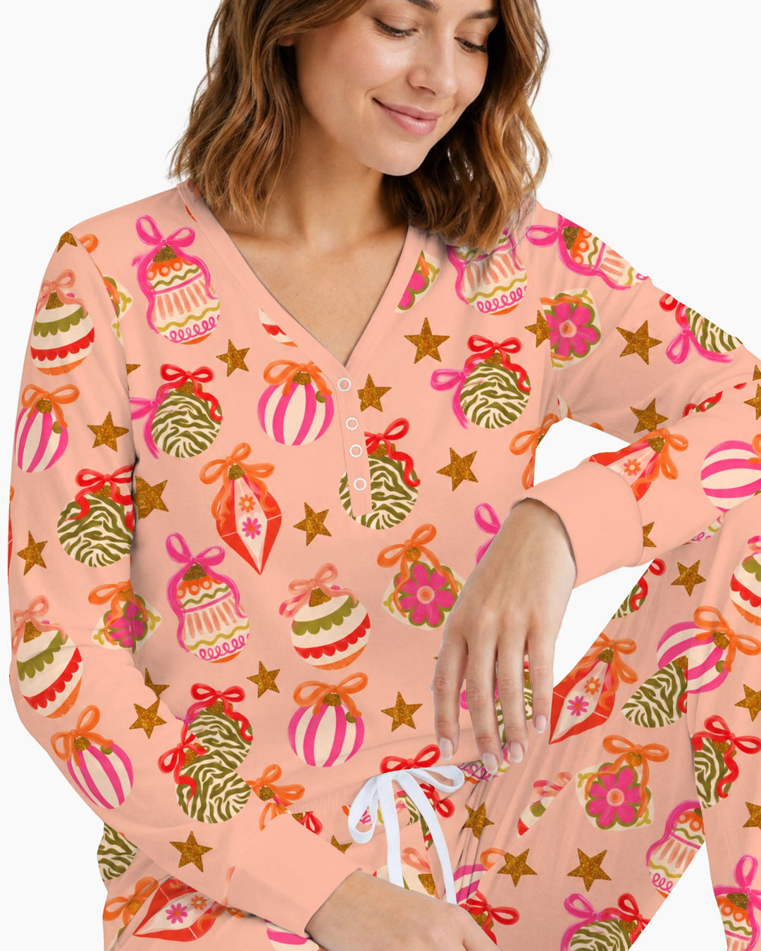 Retro Pink Christmas Ornaments Bamboo Women Pajama Set
