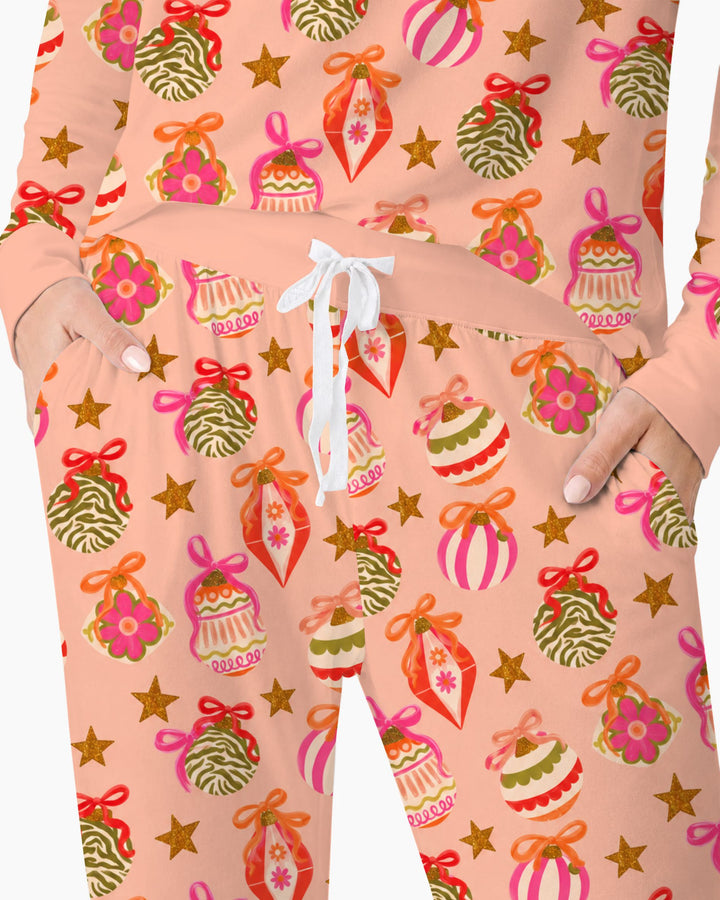 Retro Pink Christmas Ornaments Bamboo Women Pajama Set
