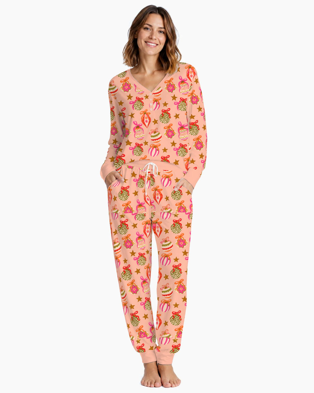 Retro Pink Christmas Ornaments Bamboo Women Pajama Set