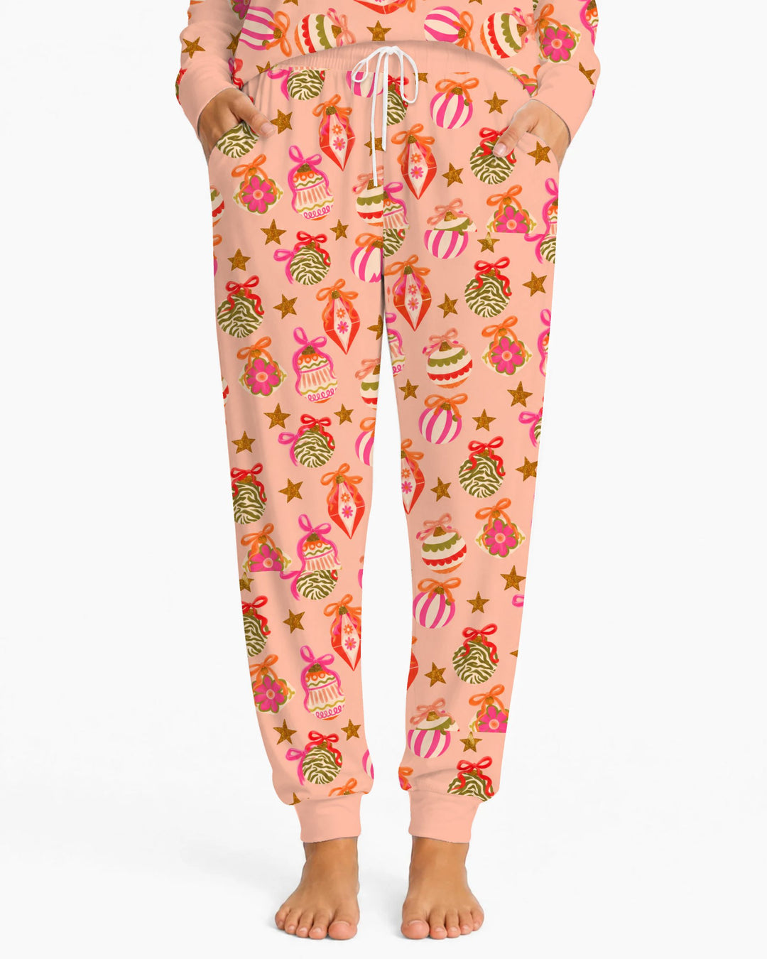 Retro Pink Christmas Ornaments Bamboo Women Pajama Set