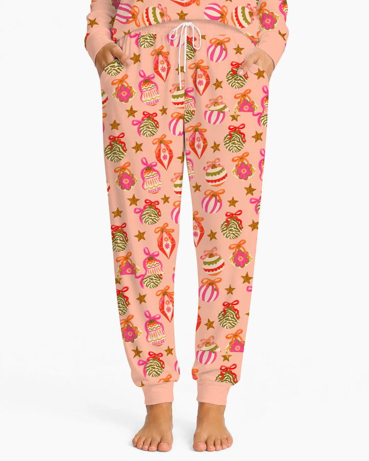Retro Pink Christmas Ornaments Bamboo Women Pajama Set